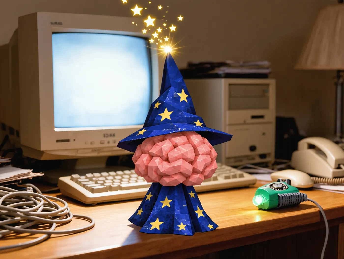 The wizard brain on a 1998 desk casting stars at a dial-up modem