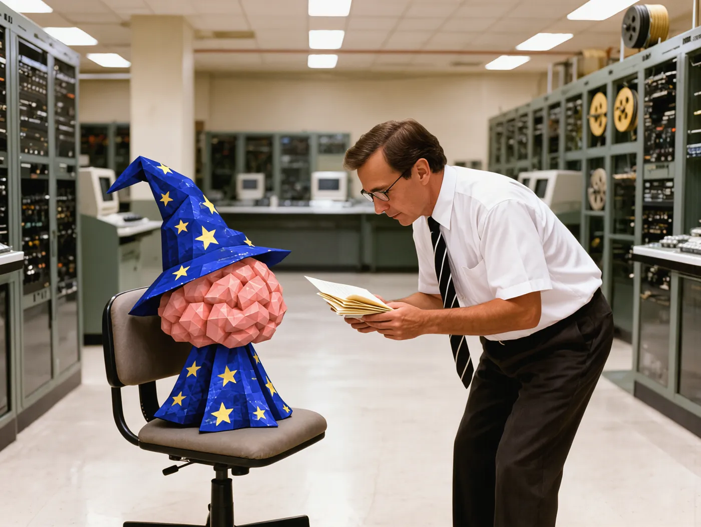 An engineer in a 1960s computer room hands the wizard brain a stack of punch cards