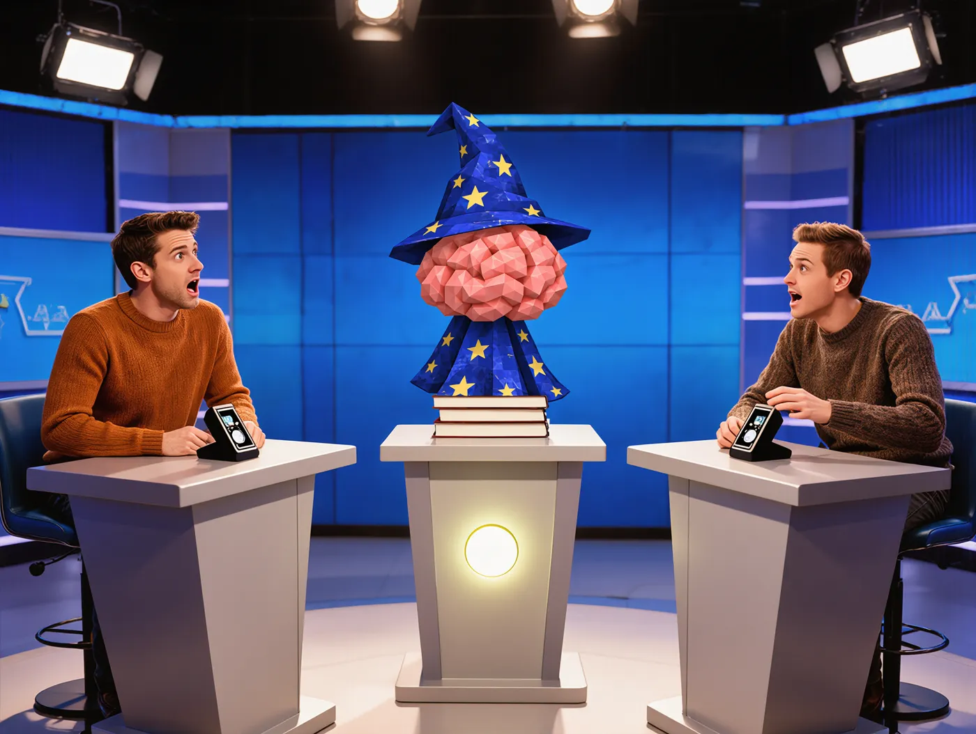 The wizard brain at a TV quiz show podium, its light already on, two contestants in shock